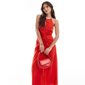 ASOS DESIGN high neck ruched front midi dress in red size 14 worn once!